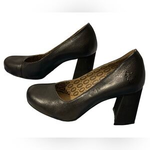 Fly London Black Leather Block Velvety Heel Pumps EU 36 Chunky Comfort